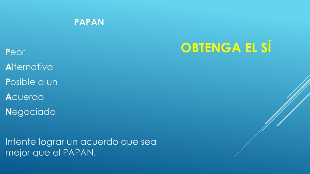 Obtenga el sÍ Papan Peor Alternativa Posible a un Acuerdo Negociado Intente lograr un acuerdo que sea mejor que el PAPAN.