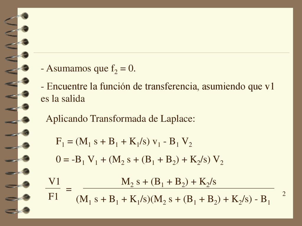 - Asumamos que f2 = 0. - Encuentre la función de transferencia, asumiendo que v1 es la salida.