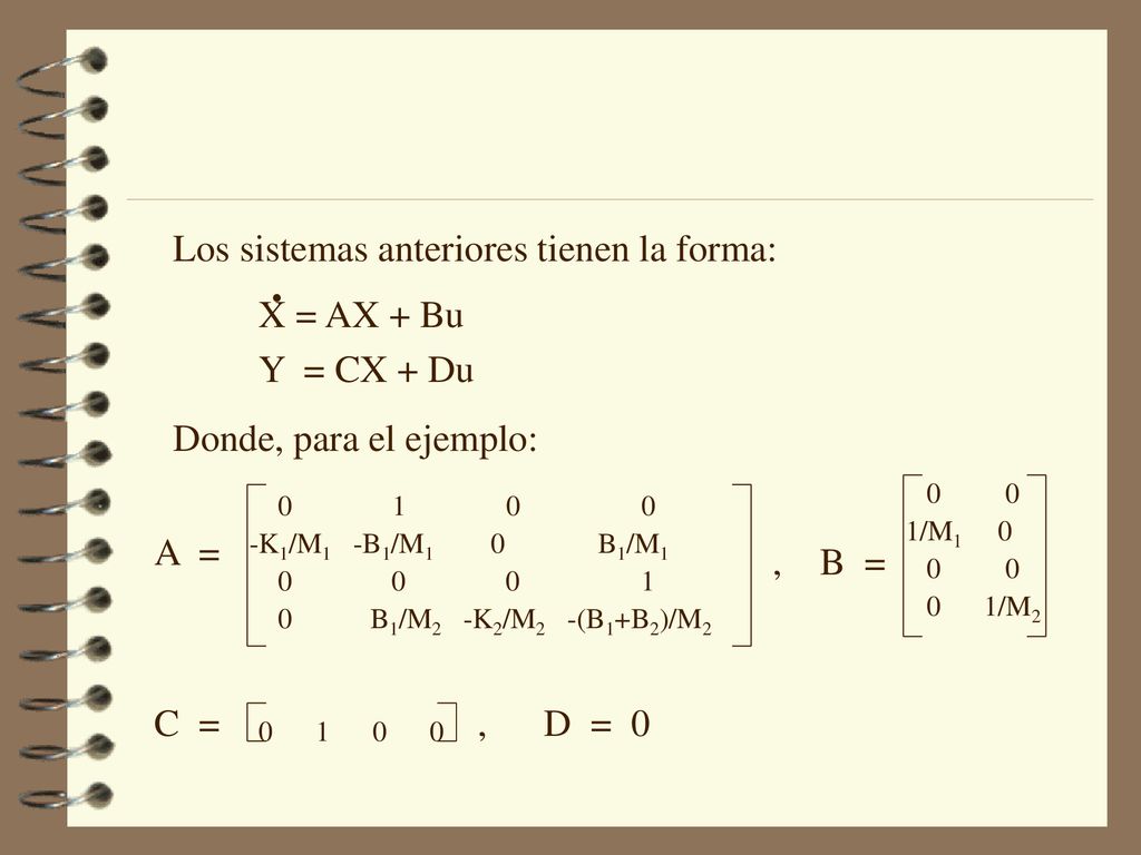 . Los sistemas anteriores tienen la forma: X = AX + Bu Y = CX + Du