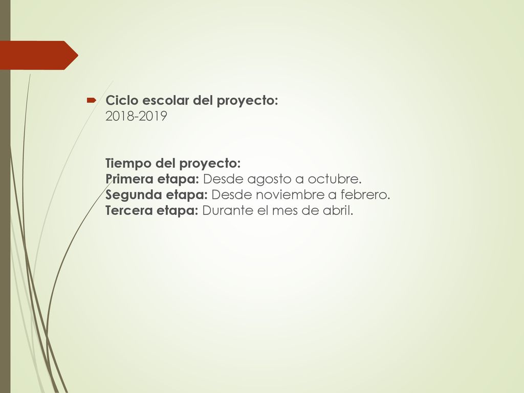 Ciclo escolar del proyecto: Tiempo del proyecto: Primera etapa: Desde agosto a octubre.