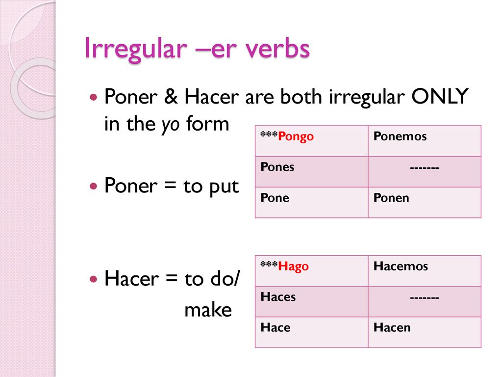 Irregular –er verbs Poner & Hacer are both irregular ONLY in the yo form. Poner = to put. Hacer = to do/