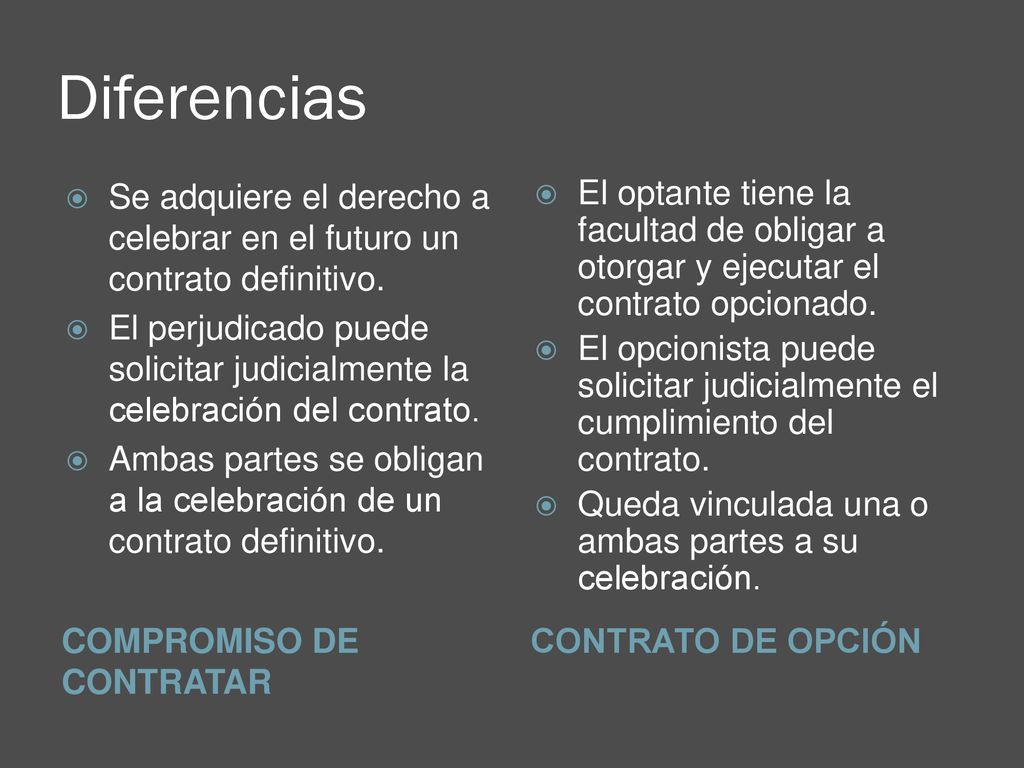 Diferencias Se adquiere el derecho a celebrar en el futuro un contrato definitivo.
