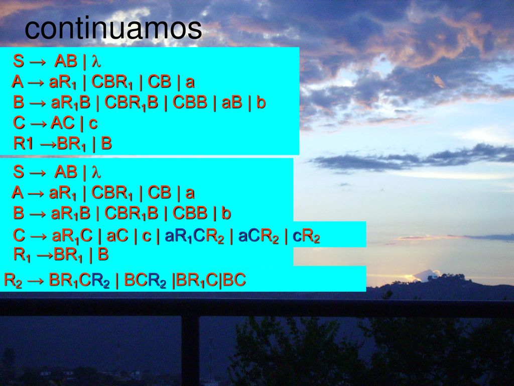 continuamos S → AB |  A → aR1 | CBR1 | CB | a