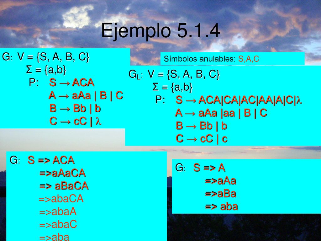 Ejemplo G: V = {S, A, B, C} Σ = {a,b} P: S → ACA