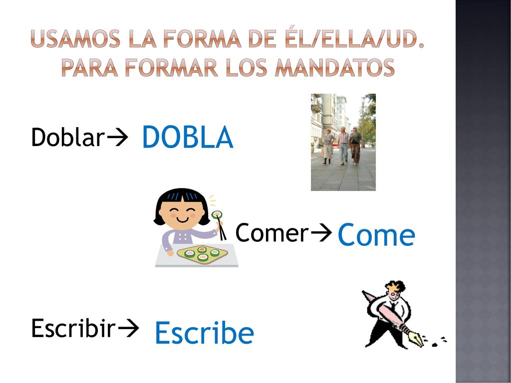 Usamos la forma de él/ella/Ud. para formar los mandatos
