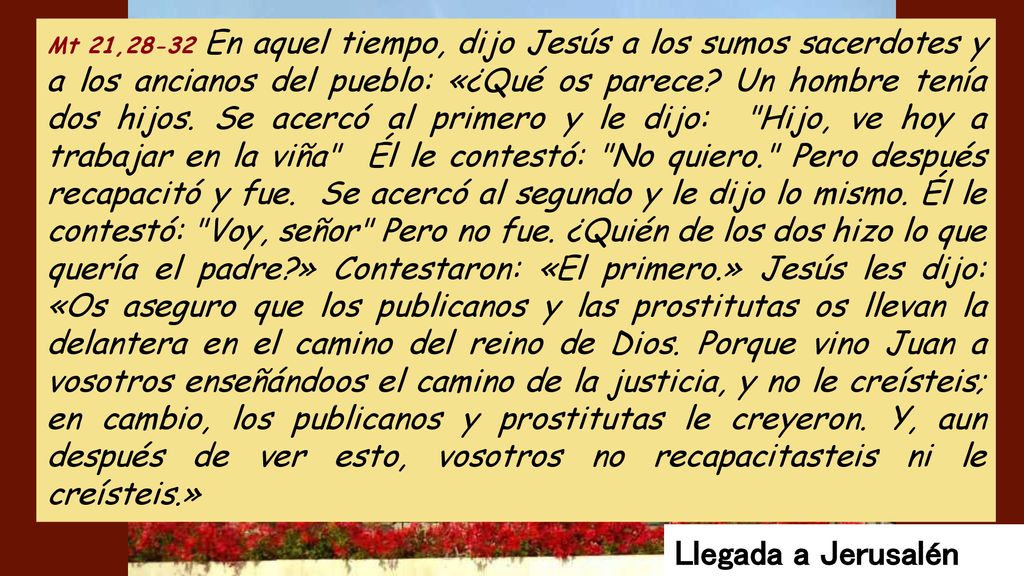 Mt 21,28-32 En aquel tiempo, dijo Jesús a los sumos sacerdotes y a los ancianos del pueblo: «¿Qué os parece Un hombre tenía dos hijos. Se acercó al primero y le dijo: Hijo, ve hoy a trabajar en la viña Él le contestó: No quiero. Pero después recapacitó y fue. Se acercó al segundo y le dijo lo mismo. Él le contestó: Voy, señor Pero no fue. ¿Quién de los dos hizo lo que quería el padre » Contestaron: «El primero.» Jesús les dijo: «Os aseguro que los publicanos y las prostitutas os llevan la delantera en el camino del reino de Dios. Porque vino Juan a vosotros enseñándoos el camino de la justicia, y no le creísteis; en cambio, los publicanos y prostitutas le creyeron. Y, aun después de ver esto, vosotros no recapacitasteis ni le creísteis.»