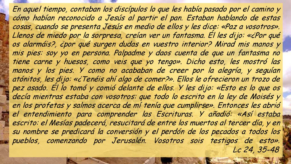 En aquel tiempo, contaban los discípulos lo que les había pasado por el camino y cómo habían reconocido a Jesús al partir el pan.