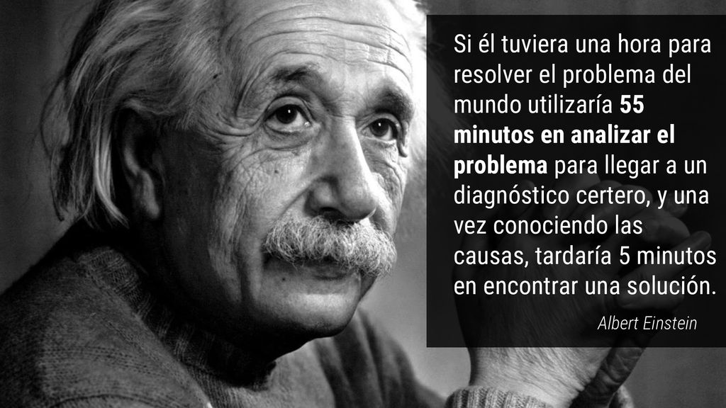 Si él tuviera una hora para resolver el problema del mundo utilizaría 55 minutos en analizar el problema para llegar a un diagnóstico certero, y una vez conociendo las causas, tardaría 5 minutos en encontrar una solución.