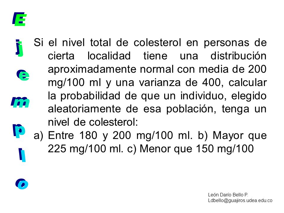 Si el nivel total de colesterol en personas de cierta localidad tiene una distribución aproximadamente normal con media de 200 mg/100 ml y una varianza de 400, calcular la probabilidad de que un individuo, elegido aleatoriamente de esa población, tenga un nivel de colesterol: