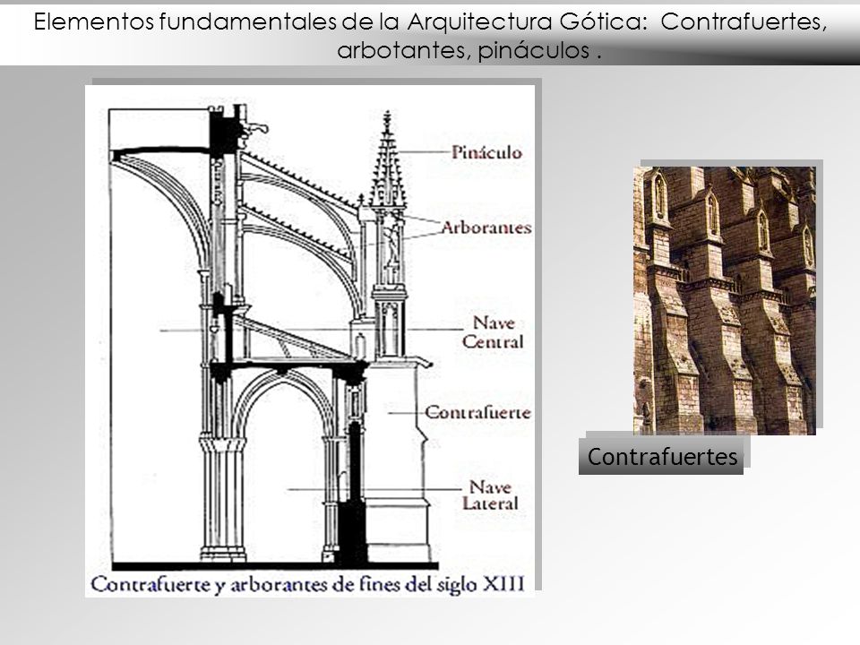 Elementos fundamentales de la Arquitectura Gótica: Contrafuertes, arbotantes, pináculos .