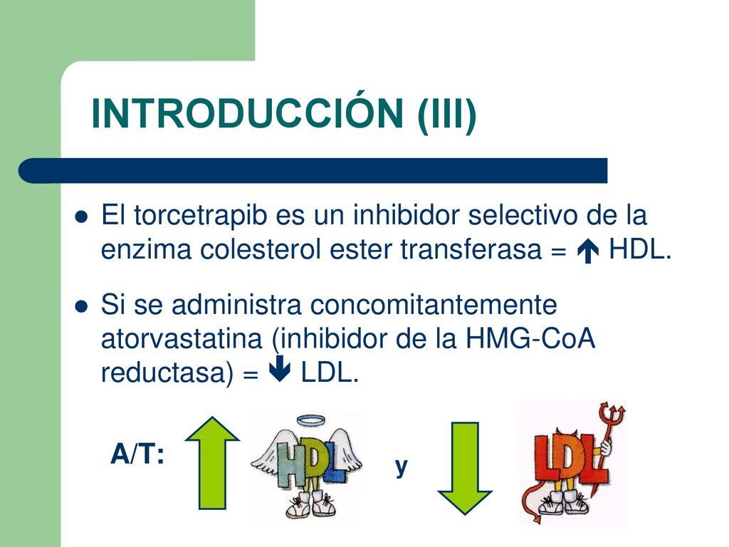 INTRODUCCIÓN (III) El torcetrapib es un inhibidor selectivo de la enzima colesterol ester transferasa =  HDL.