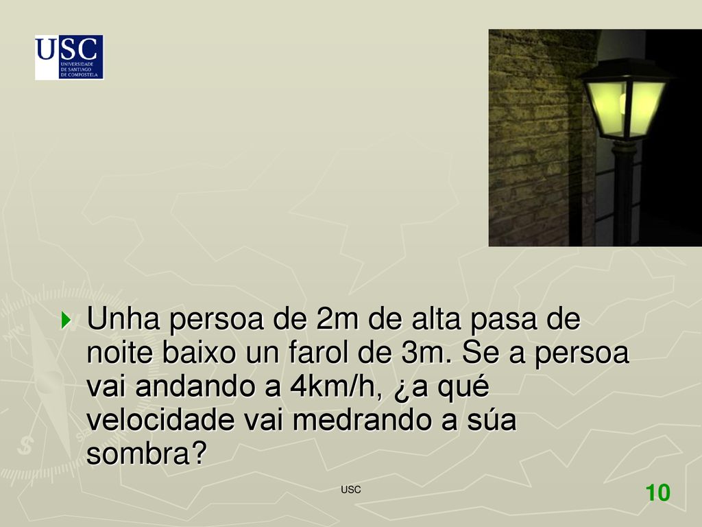 Unha persoa de 2m de alta pasa de noite baixo un farol de 3m