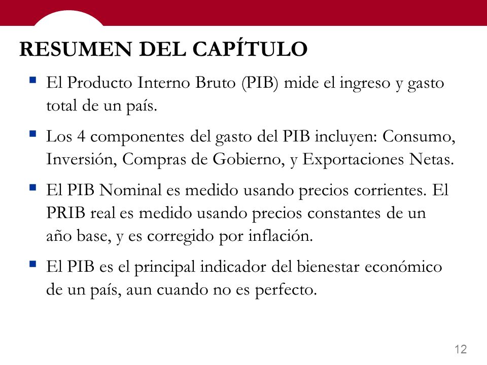 RESUMEN DEL CAPÍTULO El Producto Interno Bruto (PIB) mide el ingreso y gasto total de un país.