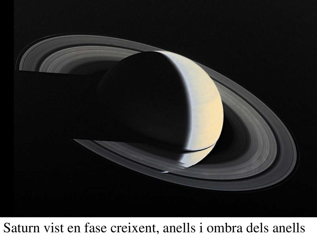 Saturn vist en fase creixent, anells i ombra dels anells