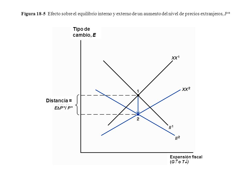 Figura 18-5 Efecto sobre el equilibrio interno y externo de un aumento del nivel de precios extranjeros, P*
