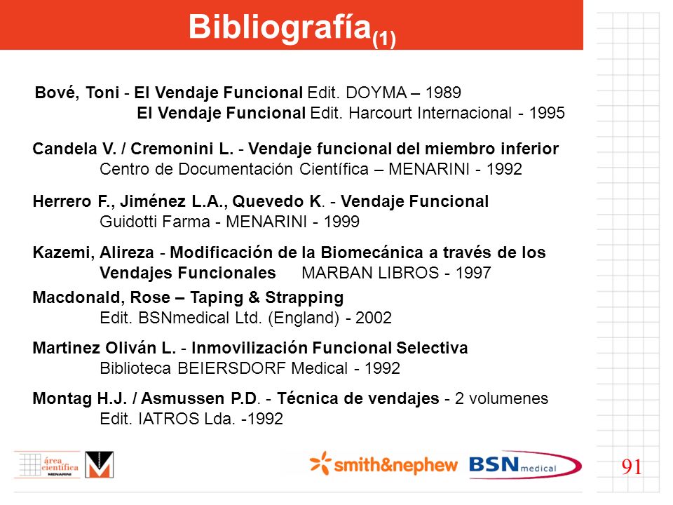 Bibliografía(1) Bové, Toni - El Vendaje Funcional Edit. DOYMA – El Vendaje Funcional Edit. Harcourt Internacional