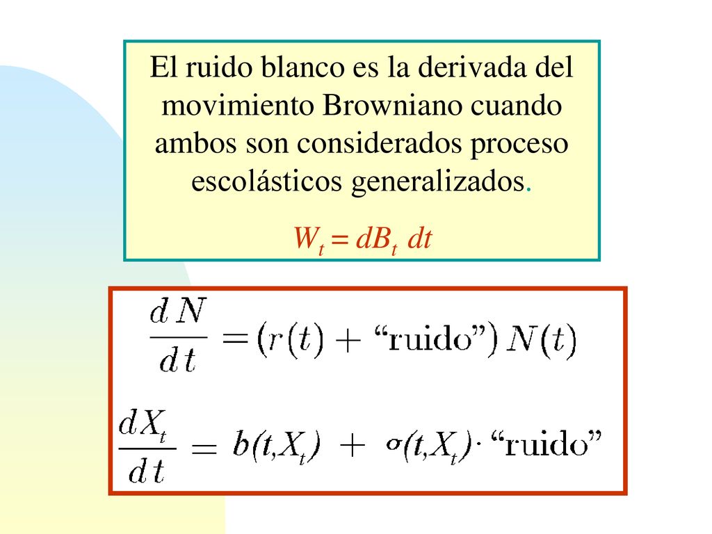 El ruido blanco es la derivada del movimiento Browniano cuando ambos son considerados proceso escolásticos generalizados.
