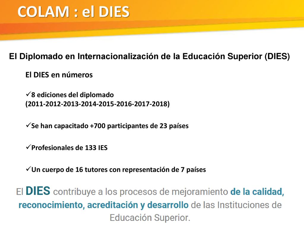 COLAM : el DIES El Diplomado en Internacionalización de la Educación Superior (DIES) El DIES en números.