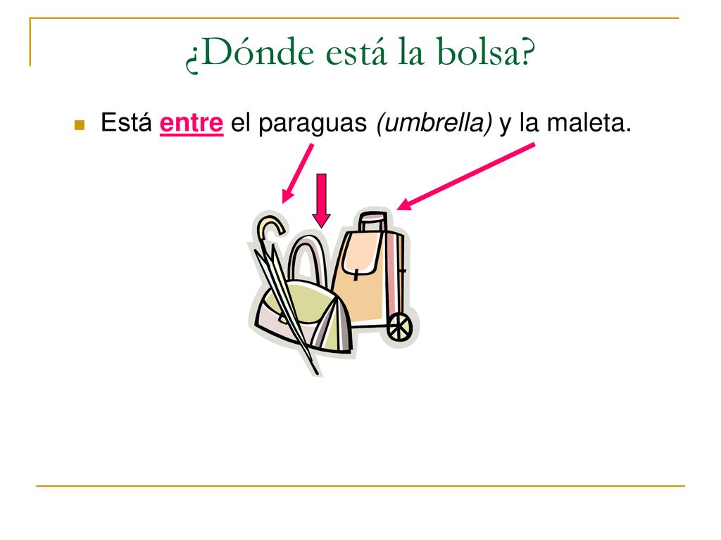 ¿Dónde está la bolsa Está entre el paraguas (umbrella) y la maleta.