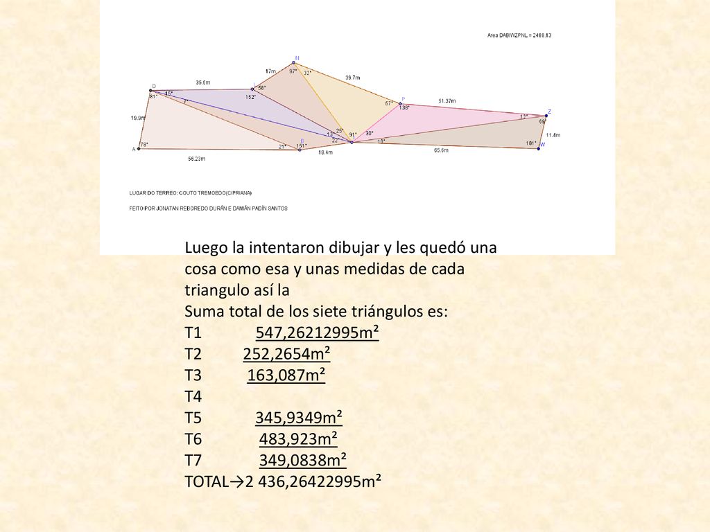 Luego la intentaron dibujar y les quedó una cosa como esa y unas medidas de cada triangulo así la