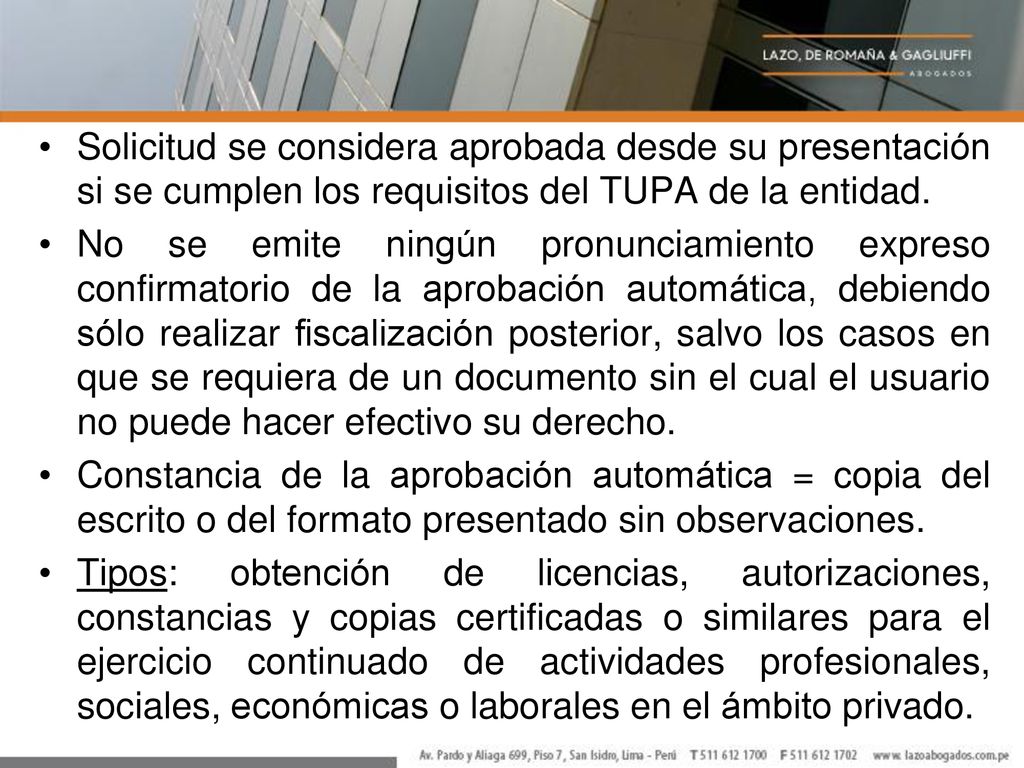 Solicitud se considera aprobada desde su presentación si se cumplen los requisitos del TUPA de la entidad.