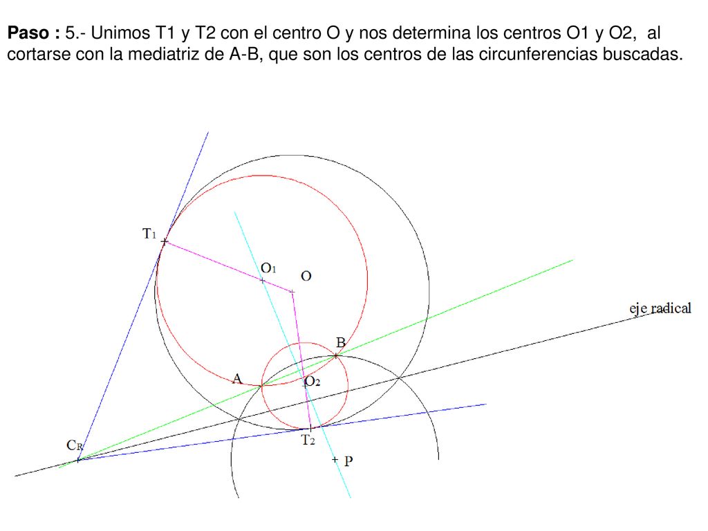 Paso : 5.- Unimos T1 y T2 con el centro O y nos determina los centros O1 y O2, al cortarse con la mediatriz de A-B, que son los centros de las circunferencias buscadas.