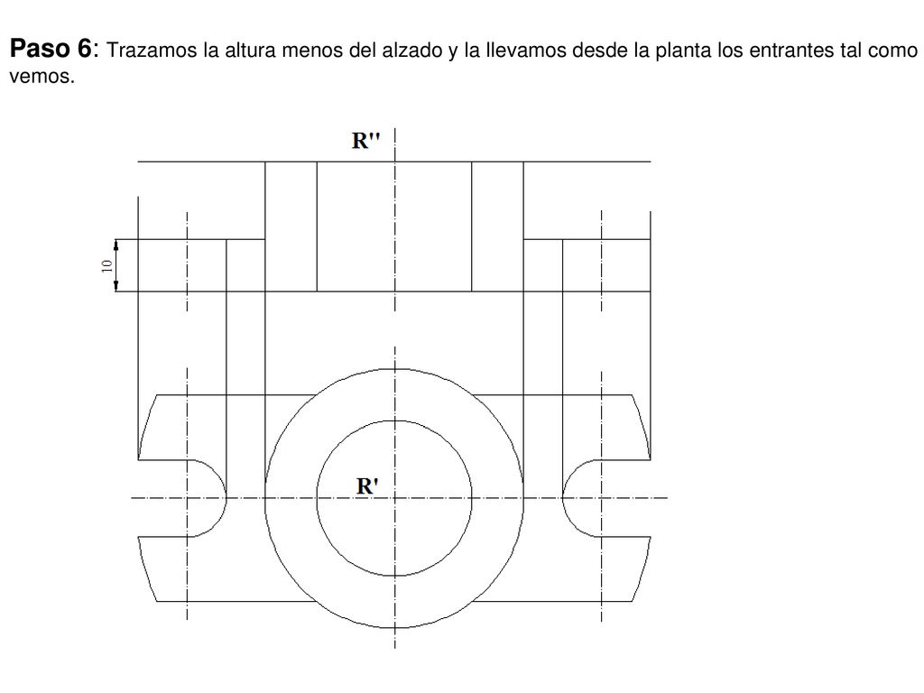 Paso 6: Trazamos la altura menos del alzado y la llevamos desde la planta los entrantes tal como vemos.