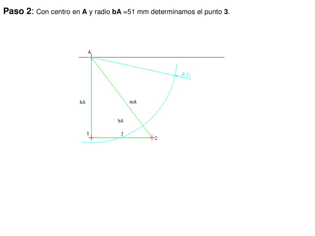 Paso 2: Con centro en A y radio bA =51 mm determinamos el punto 3.
