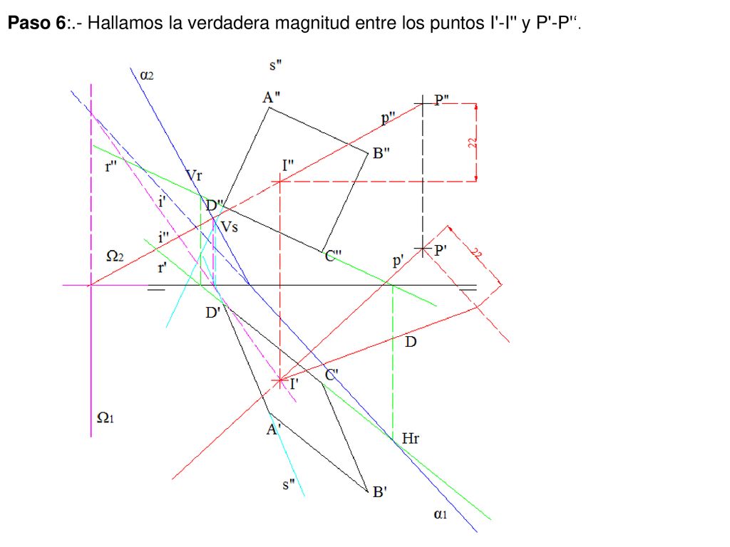 Paso 6:.- Hallamos la verdadera magnitud entre los puntos I -I y P -P ‘.