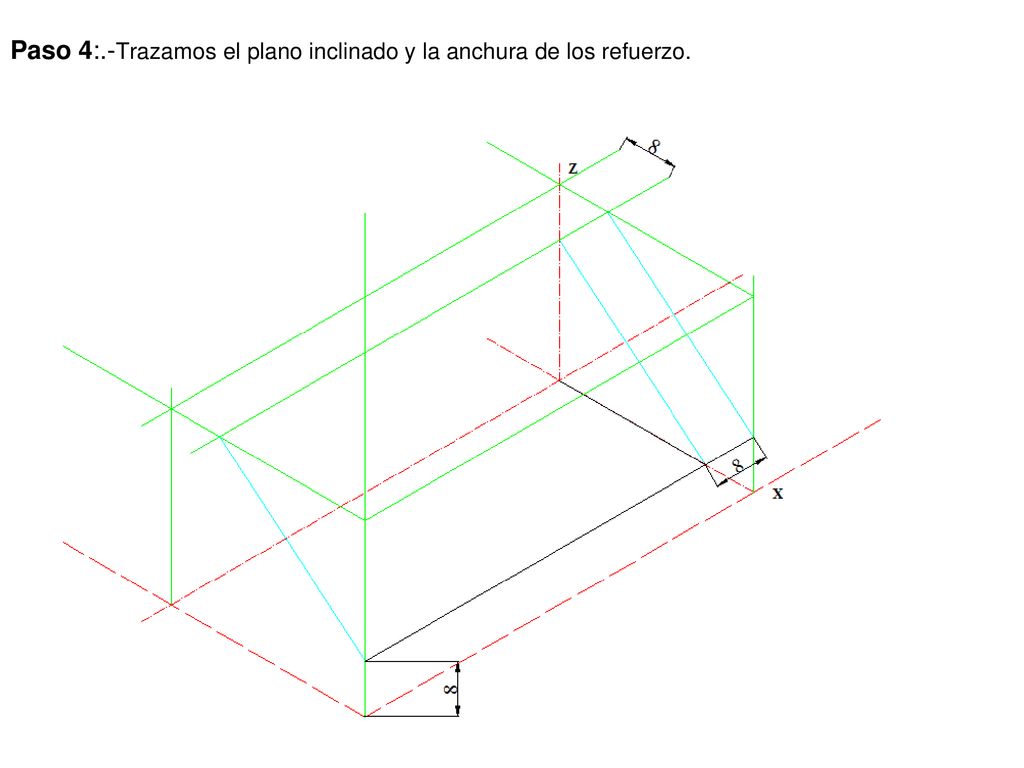 Paso 4:.-Trazamos el plano inclinado y la anchura de los refuerzo.