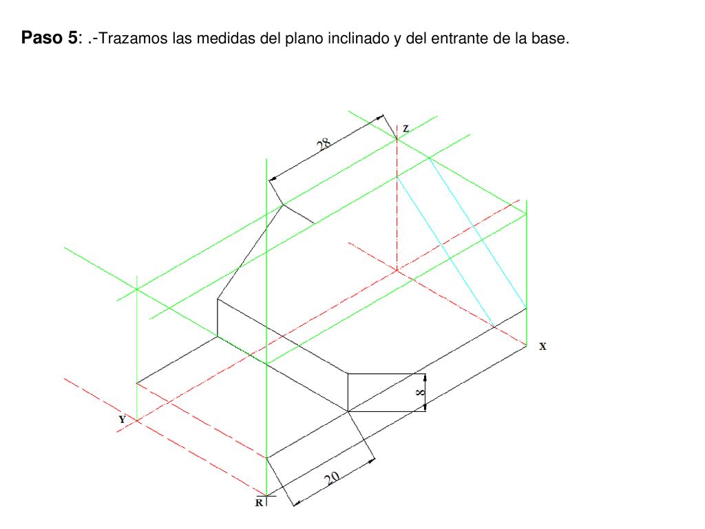 Paso 5: .-Trazamos las medidas del plano inclinado y del entrante de la base.