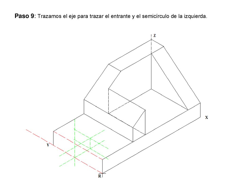 Paso 9: Trazamos el eje para trazar el entrante y el semicírculo de la izquierda.