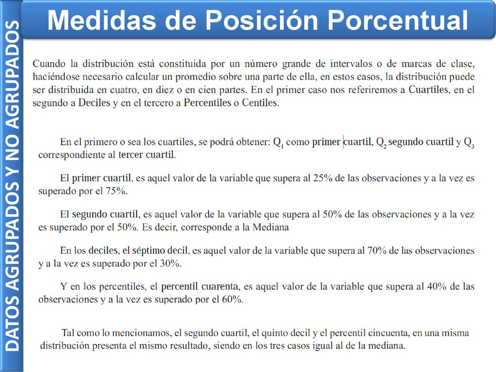 Medidas de Posición Porcentual DATOS AGRUPADOS Y NO AGRUPADOS