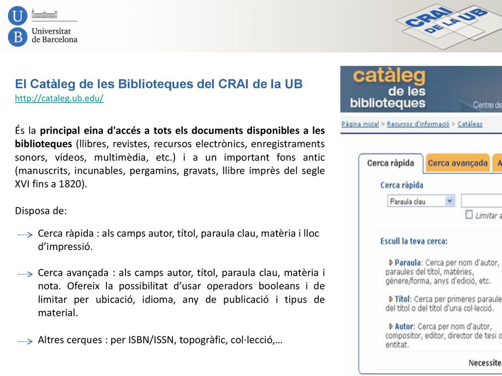El Catàleg de les Biblioteques del CRAI de la UB