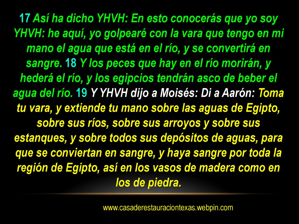 17 Así ha dicho YHVH: En esto conocerás que yo soy YHVH: he aquí, yo golpearé con la vara que tengo en mi mano el agua que está en el río, y se convertirá en sangre. 18 Y los peces que hay en el río morirán, y hederá el río, y los egipcios tendrán asco de beber el agua del río. 19 Y YHVH dijo a Moisés: Di a Aarón: Toma tu vara, y extiende tu mano sobre las aguas de Egipto, sobre sus ríos, sobre sus arroyos y sobre sus estanques, y sobre todos sus depósitos de aguas, para que se conviertan en sangre, y haya sangre por toda la región de Egipto, así en los vasos de madera como en los de piedra.