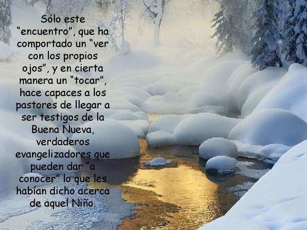 Sólo este encuentro , que ha comportado un ver con los propios ojos , y en cierta manera un tocar , hace capaces a los pastores de llegar a ser testigos de la Buena Nueva, verdaderos evangelizadores que pueden dar a conocer lo que les habían dicho acerca de aquel Niño.