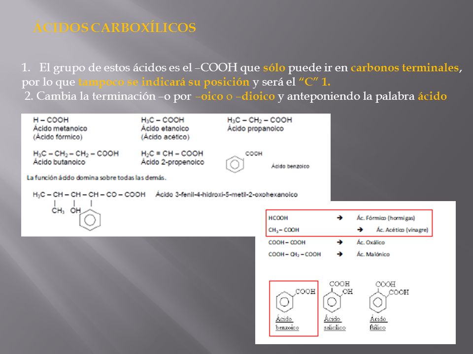 ÁCIDOS CARBOXÍLICOS El grupo de estos ácidos es el –COOH que sólo puede ir en carbonos terminales,