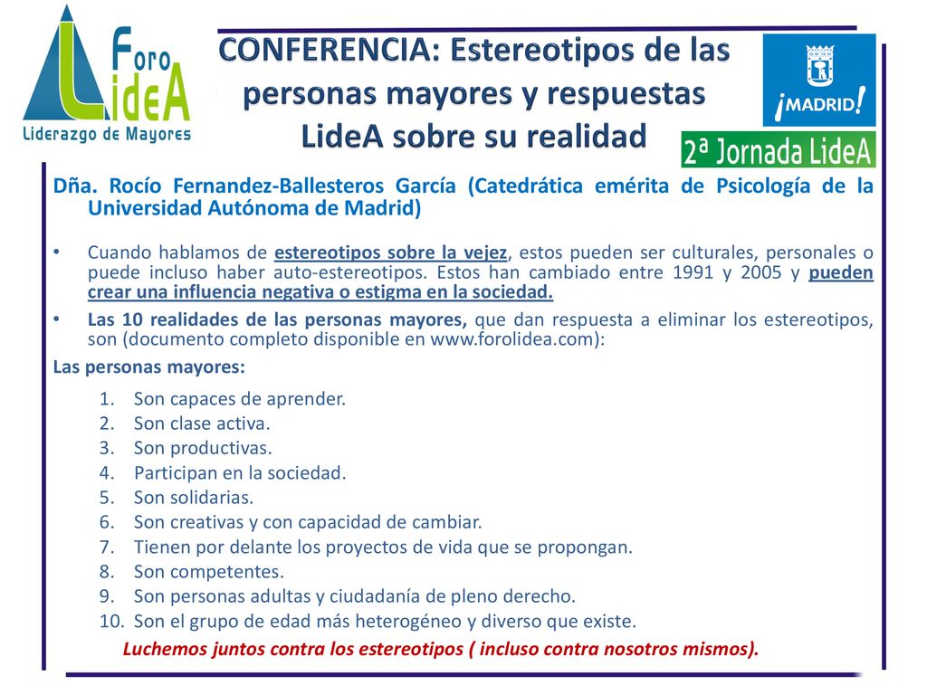 CONFERENCIA: Estereotipos de las personas mayores y respuestas LideA sobre su realidad