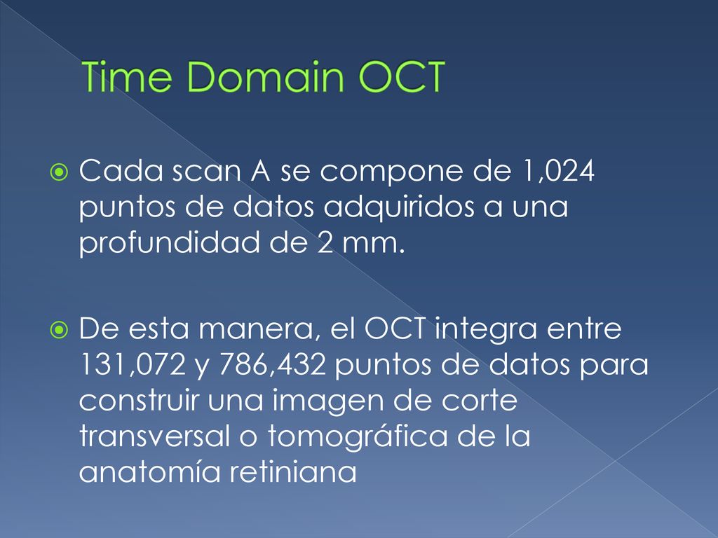 Time Domain OCT Cada scan A se compone de 1,024 puntos de datos adquiridos a una profundidad de 2 mm.