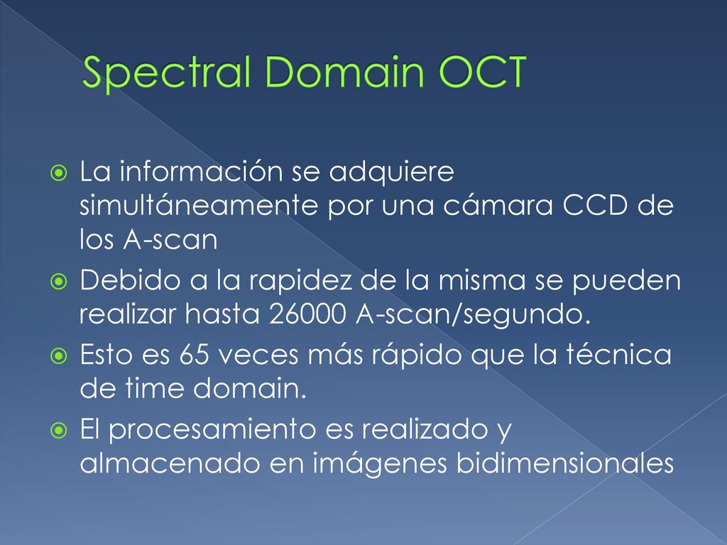 Spectral Domain OCT La información se adquiere simultáneamente por una cámara CCD de los A-scan.