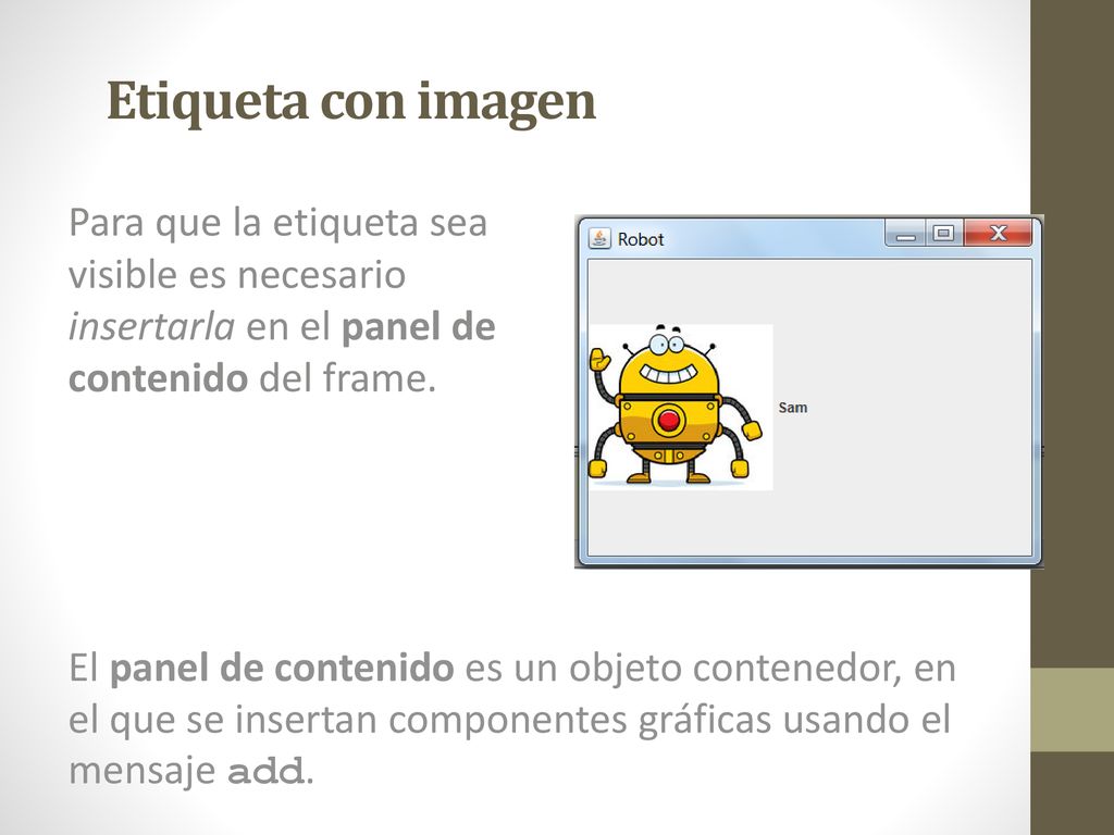 Etiqueta con imagen Para que la etiqueta sea visible es necesario insertarla en el panel de contenido del frame.