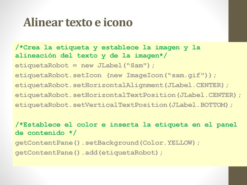 Alinear texto e icono /*Crea la etiqueta y establece la imagen y la alineación del texto y de la imagen*/