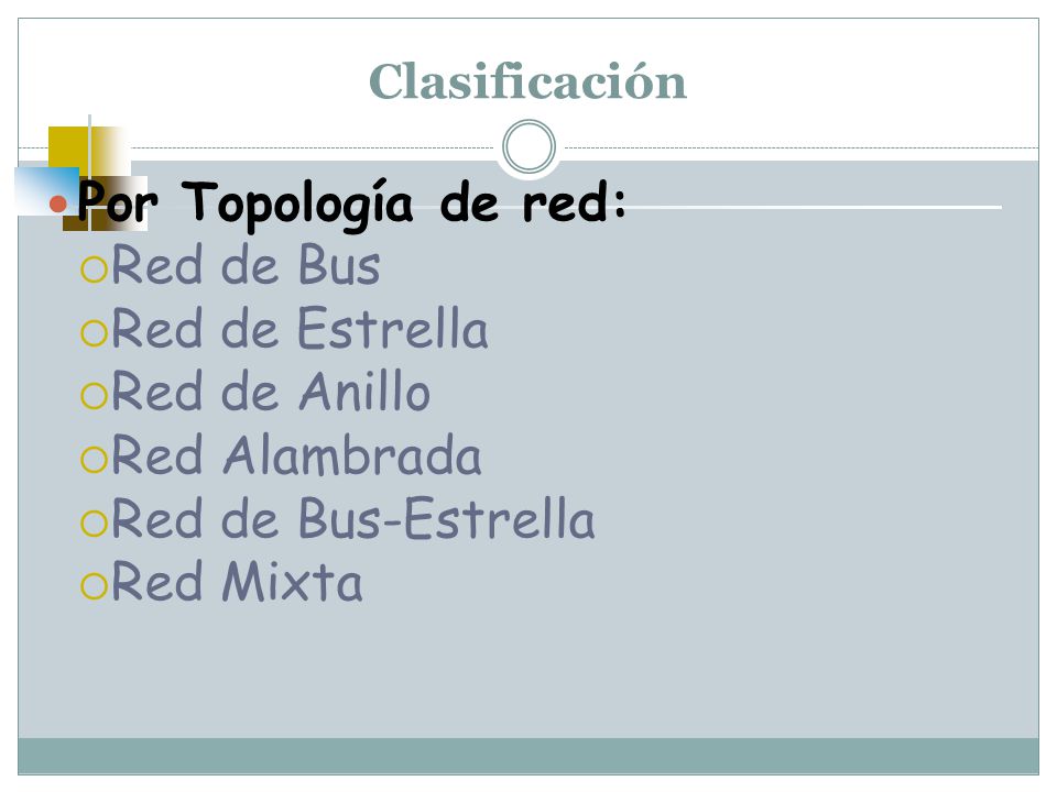 Por Topología de red: Red de Bus Red de Estrella Red de Anillo