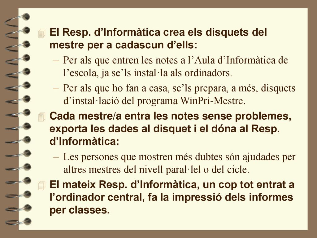 El Resp. d’Informàtica crea els disquets del mestre per a cadascun d’ells: