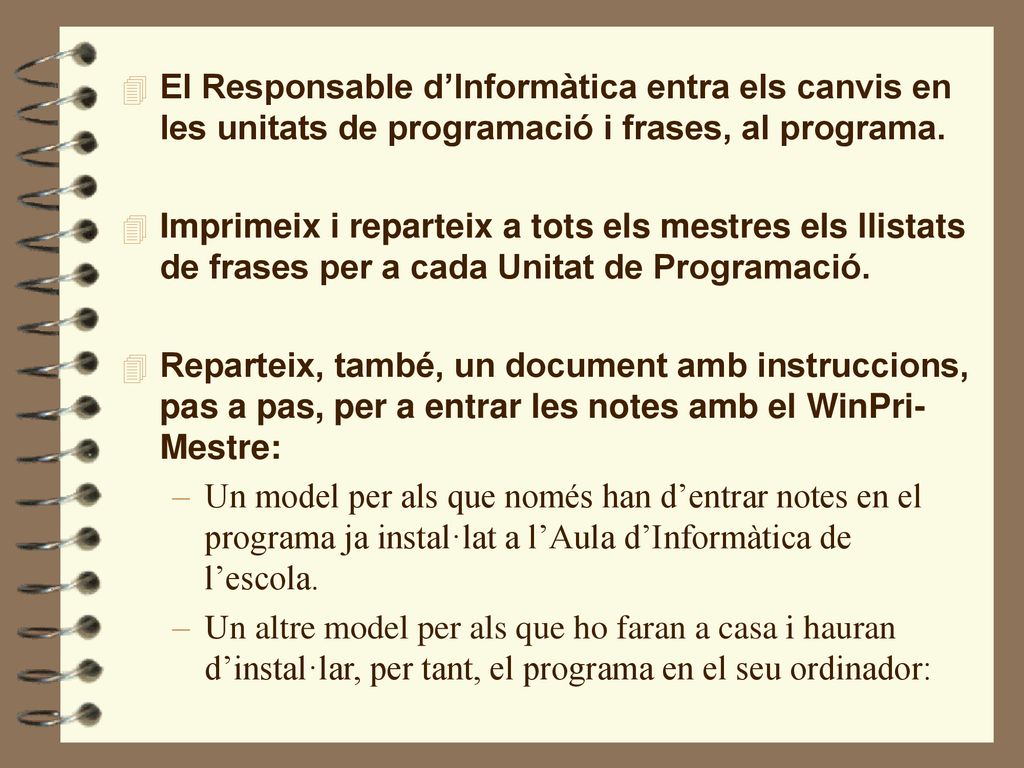 El Responsable d’Informàtica entra els canvis en les unitats de programació i frases, al programa.