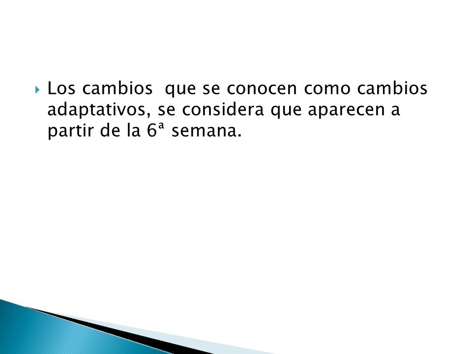 Los cambios que se conocen como cambios adaptativos, se considera que aparecen a partir de la 6ª semana.