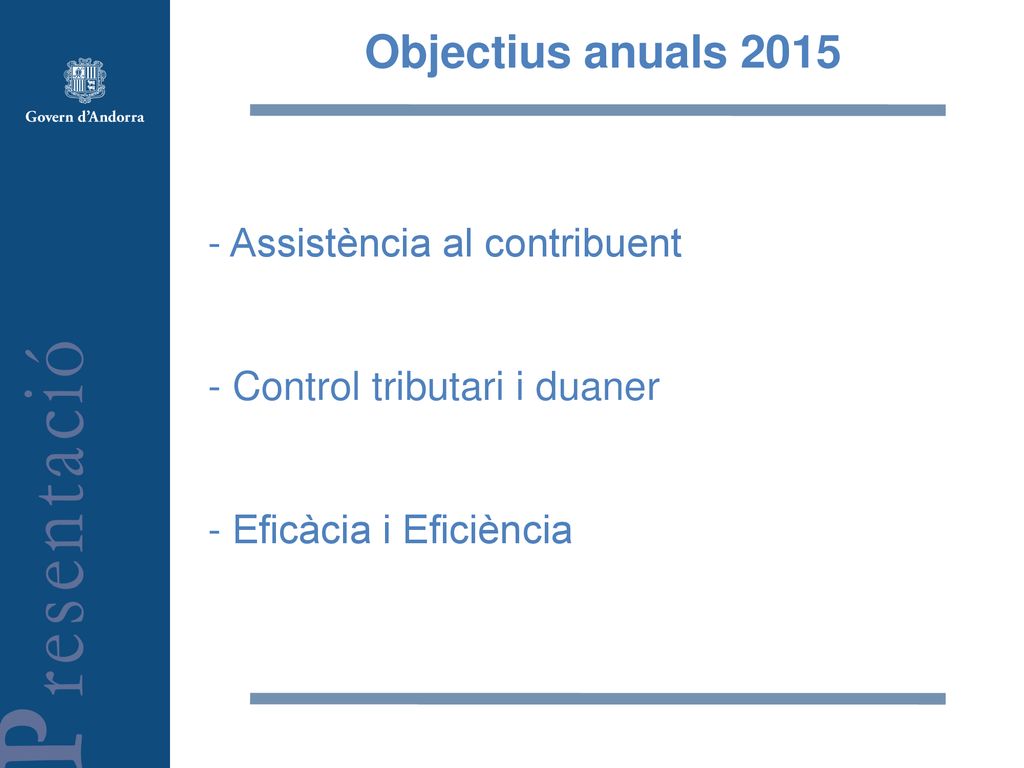 Objectius anuals Assistència al contribuent - Control tributari i duaner - Eficàcia i Eficiència.
