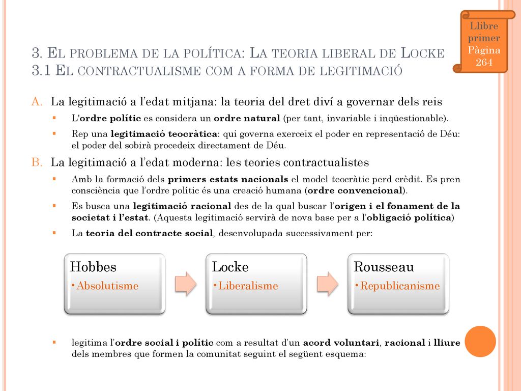 Llibre primer Pàgina El problema de la política: La teoria liberal de Locke 3.1 El contractualisme com a forma de legitimació.