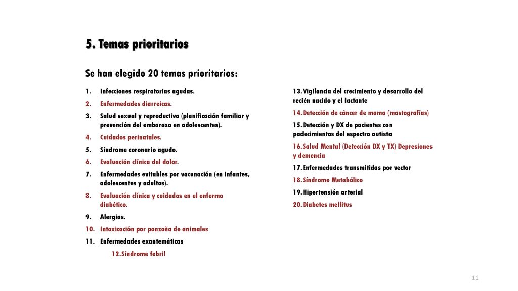 5. Temas prioritarios Se han elegido 20 temas prioritarios: