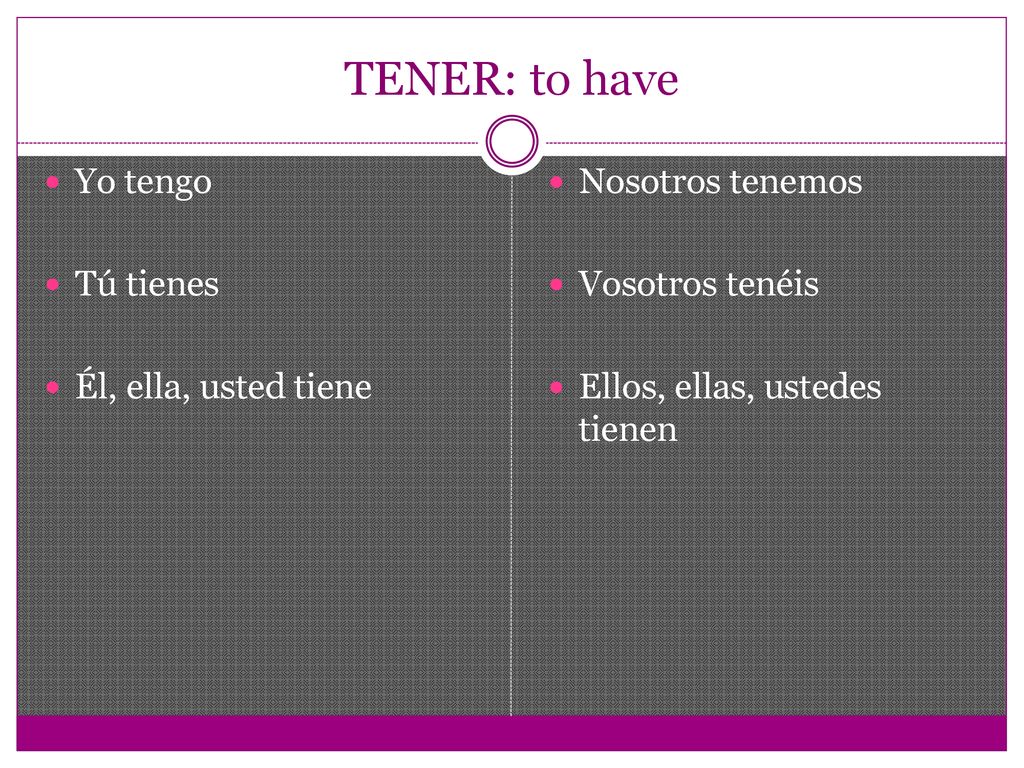 TENER: to have Yo tengo Tú tienes Él, ella, usted tiene